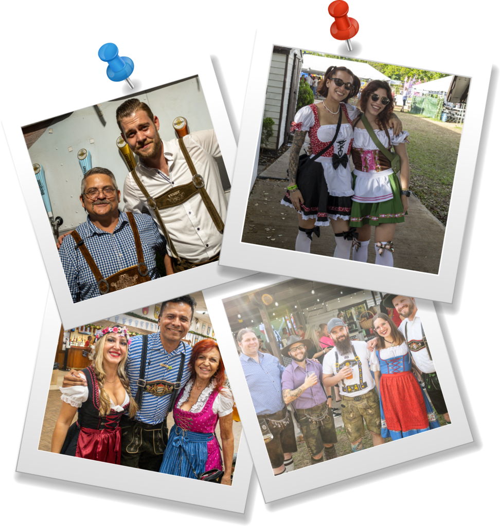 People smiling in traditional German Oktoberfest attire.