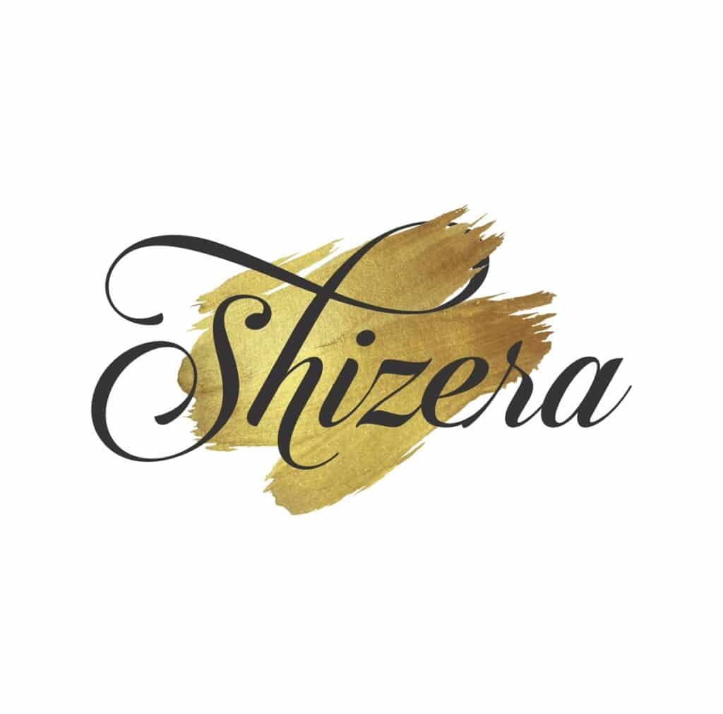 Elegant 'Shizera' logo with gold brush stroke