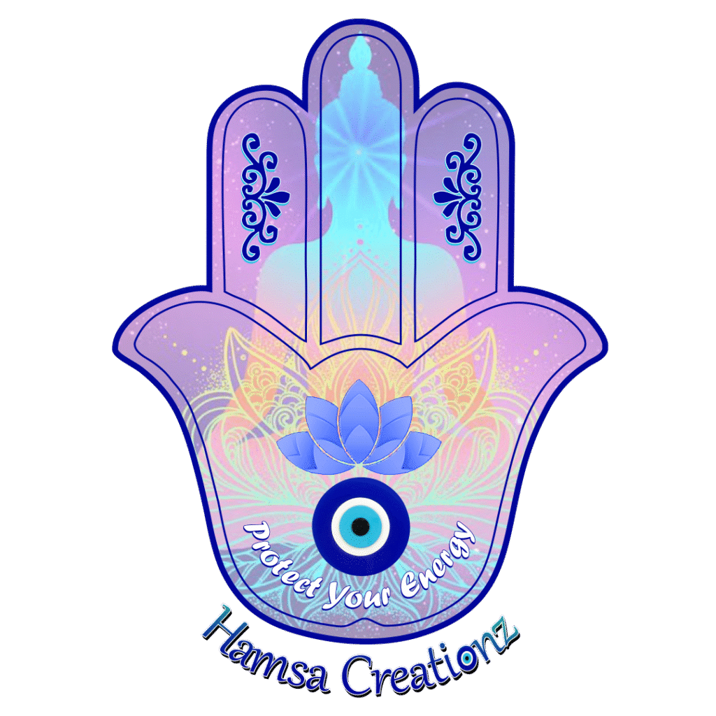 Colorful Hamsa hand with lotus and evil eye.