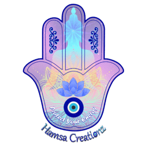Colorful Hamsa hand with lotus and evil eye.