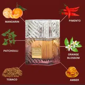 Khamrah Dukhan perfume with listed scent notes.