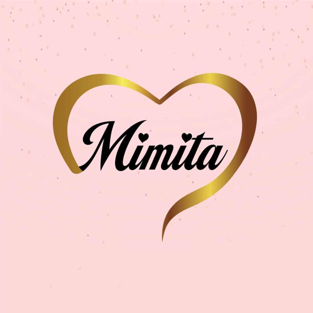 Golden heart with 'Mimita' on pink background.