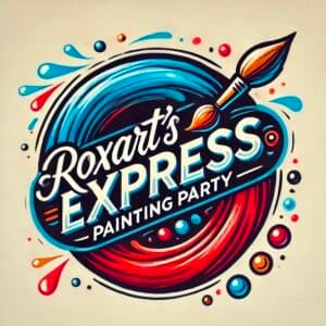 Colorful painting party logo with brush and splashes.