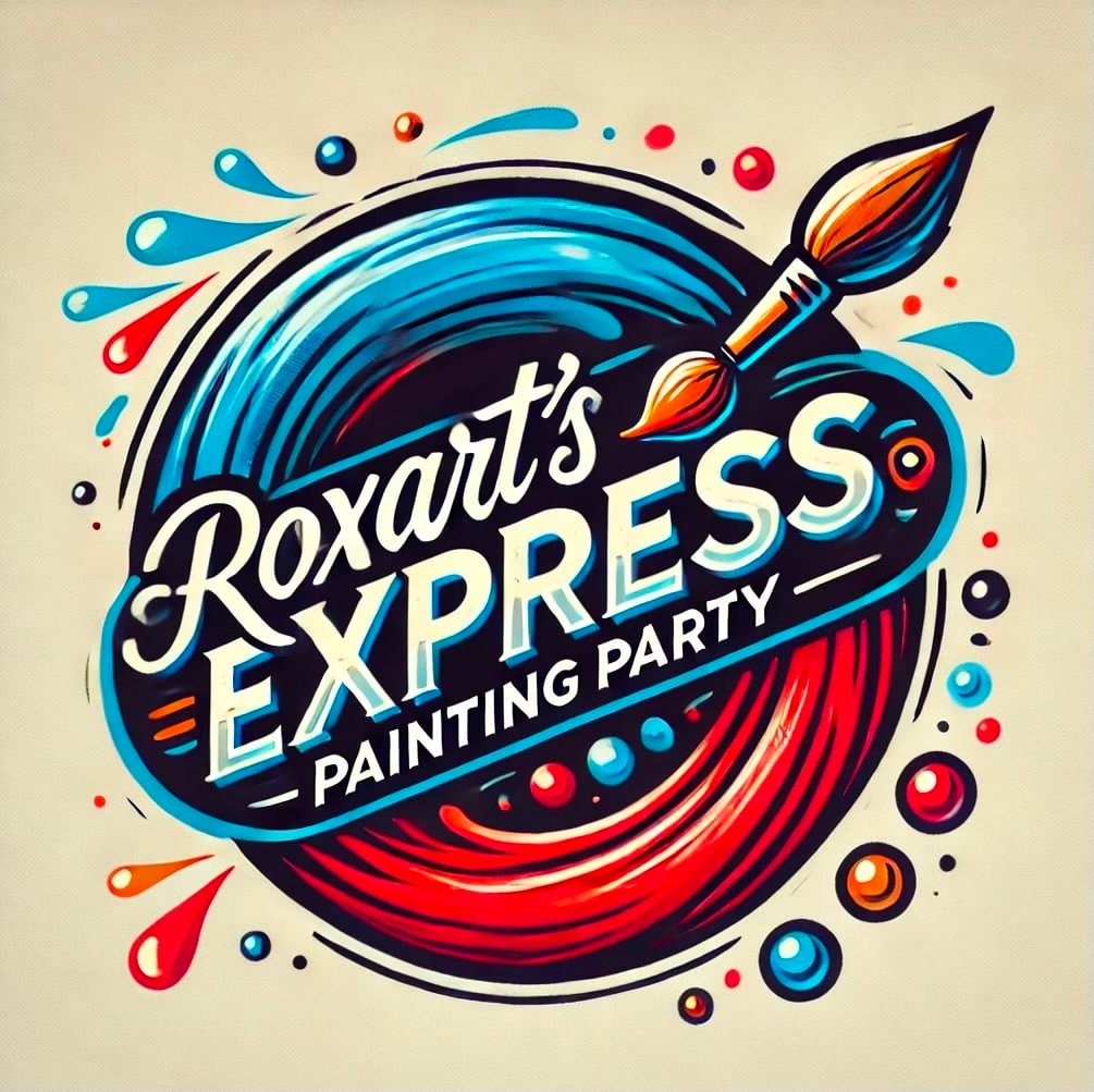 Colorful painting party logo with brush and splashes.