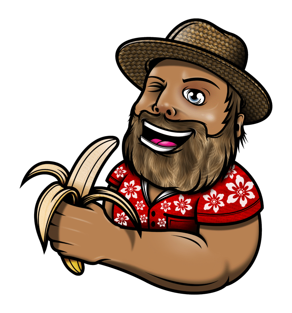 Cartoon bearded man winking, holding banana