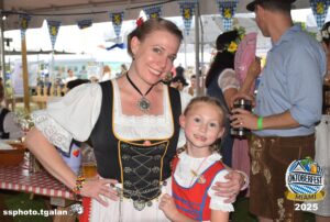 Mother and daughter in traditional attire at Oktoberfest.
