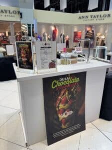 Dubai chocolate strawberry stand at mall.