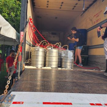 Kegs in truck being set up for event.